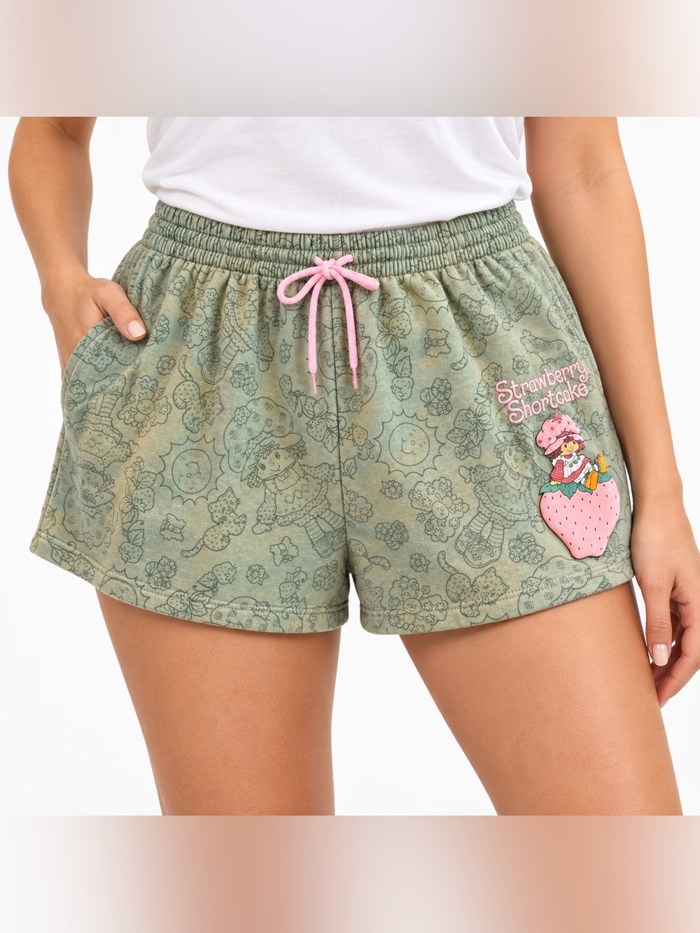 Strawberry Shortcake Green Graphic Athletic Lounge Shorts with Pink Drawstring